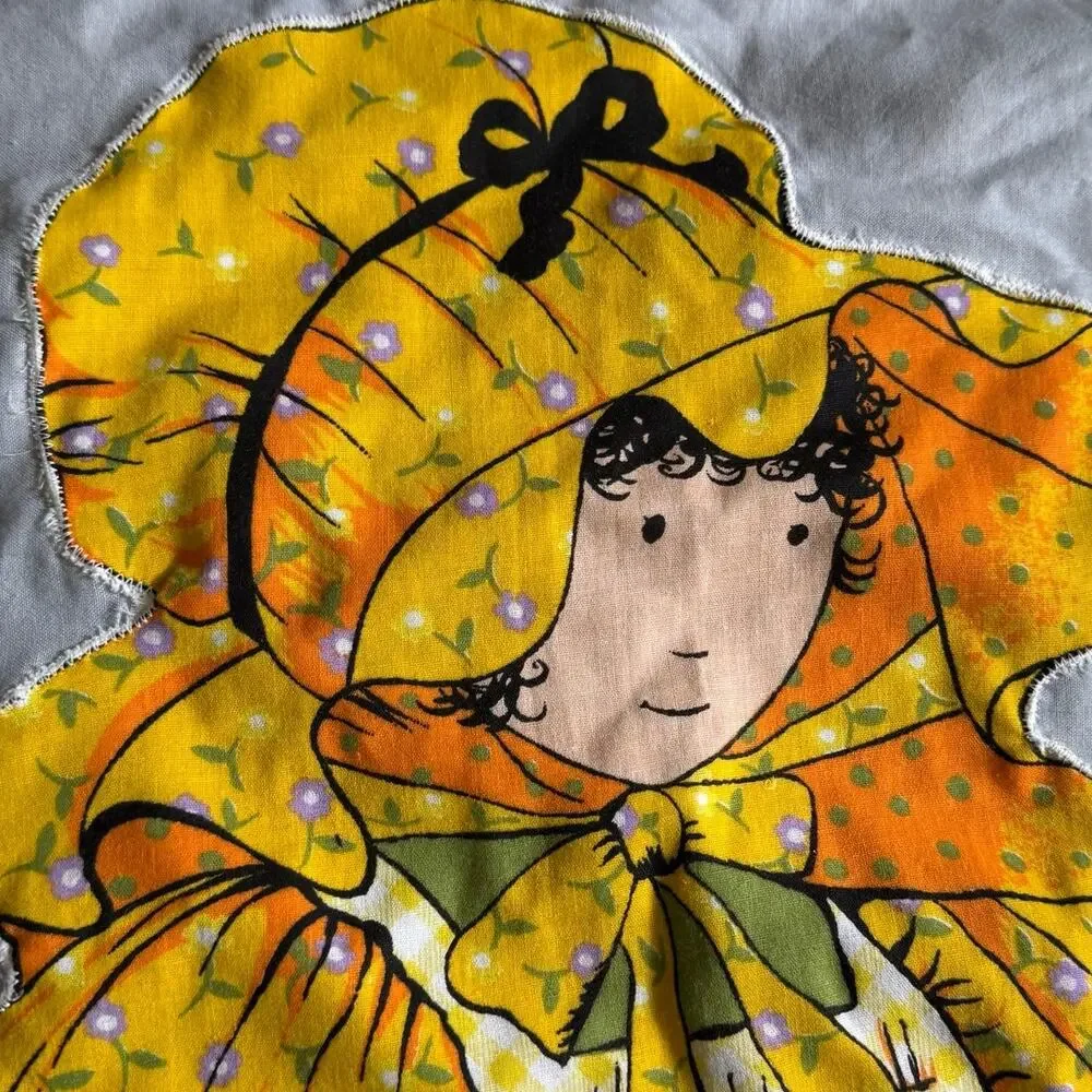 Vintage Yellow Holly Hobbie Applique on Blanket 32x41 Cottage Core Girls Room
